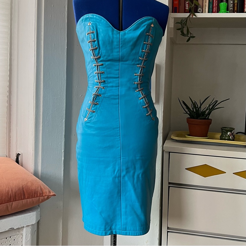 Vintage North Beach Leather bright blue strapless football lace wiggle dress XS